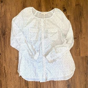 LOFT Polka Dot Crew Neck Pocket Long Sleeve Blouse Lightweight White